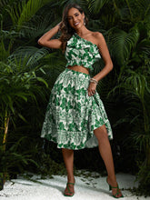 Random Printed Asymmetrical Neckline Top And Skirt Set